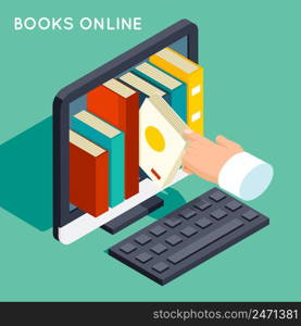 Books online library isometric 3d flat concept. Internet knowledge, web online, study technology, computer screen, vector illustration. Books online library isometric 3d flat concept