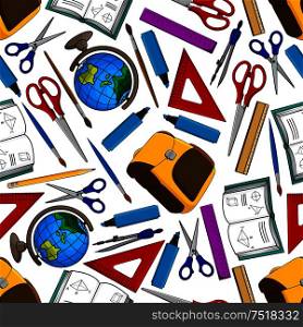Books, pencils and school bags, globes, rulers, scissors, paintbrushes, compasses and highlighters seamless pattern on white background. Education theme design. School supplies and accessories seamless pattern