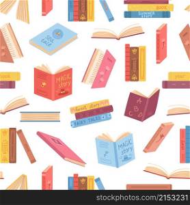 Books seamless pattern. Opened book, notebook stacks. Literature background, library or reading market. Bookstore or education exact vector texture. Illustration school book and notebook for education. Books seamless pattern. Opened book, notebook stacks. Literature background, library or reading market. Bookstore or education exact vector texture