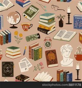 Books seamless pattern. Vintage cozy elements, printed publications, volumes of literature, retro library flying objects. Decor textile, wrapping paper, wallpaper. Tidy vector hand drawn background. Books seamless pattern. Vintage cozy elements, printed publications, volumes of literature, retro library flying objects. Decor textile, wrapping paper, wallpaper. Tidy vector background