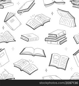 Books seamless pattern with doodle outline textbooks. Monochrome linear wallpaper with library encyclopedia, textile, wrapping paper background, reading hobby, education, Vector line art illustration. Books seamless pattern, doodle outline textbooks