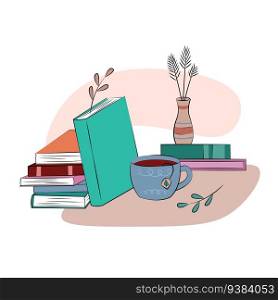 Books stack composition. Cozy vector illustration with colorful books, mug of tea on table. Love of reading concept.. Books stack composition. Cozy vector illustration with colorful books, mug of tea on table. Love of reading concept