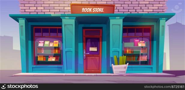 Books store in house on city street. Urban landscape with building facade with shop exterior, books on showcase, brick wall and sidewalk, vector cartoon illustration. Books store in house on city street
