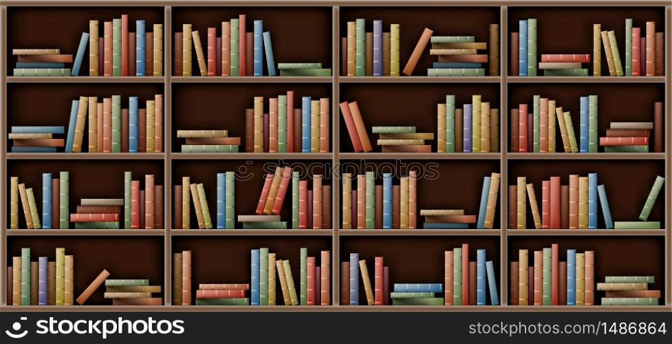 Bookshelf background, books on shelf in library, home, school or office interior. Volumes with color paperback stand in row and lying in pile on rack standing on floor, realistic 3d vector. White bookshelf mockup, books on shelf in library