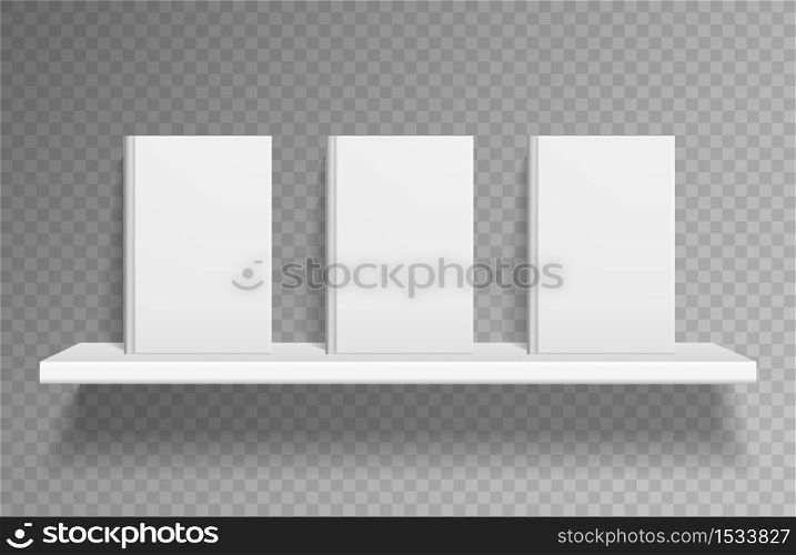 Bookshelf mockup. Realistic books on white shelf on wall with shadow on book store. Clean empty paperback of textbook for bookstore or library, vector template isolated on transparent background. Bookshelf mockup. Realistic books on white shelf with shadow on book store. Empty paperback of textbook for bookstore or library, vector template isolated on transparent background
