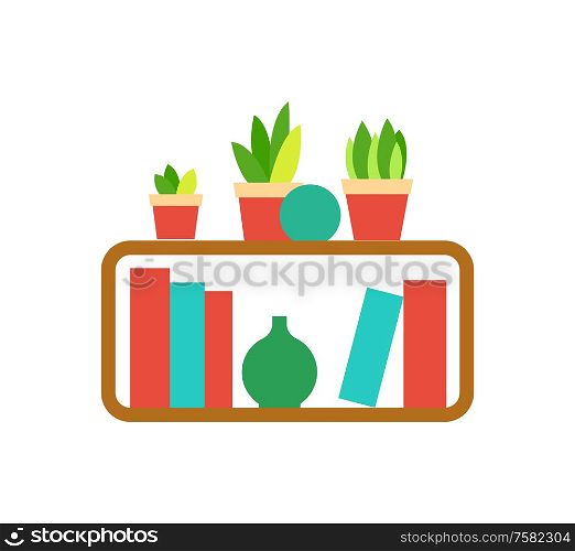 Bookshelf template, colorful hardcovers, hanging wooden shelf with houseplants and vases on white, home library, decoration elements, literature vector. Wooden Shelf with Houseplants and Vases Vector