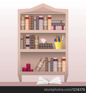 Bookshelf with books, stationery and candles. Vector element for your creativity. Bookshelf with books, stationery and candles. Vector element fo