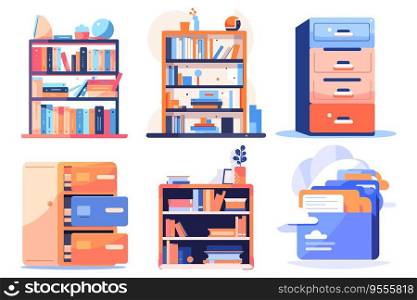 Bookshelves and filing cabinets in the office in UX UI flat style isolated on background