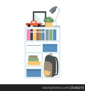 Bookshelves semi flat color vector element. Full sized object on white. Book stand. Child room interior detail simple cartoon style illustration for web graphic design and animation. Bookshelves semi flat color vector element