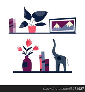 Bookshelves with decorative elements plants in pots, pictures, statues on white background. Simple design. Bookshelves with decorative elements plants in pots, pictures, statues.