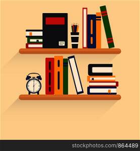 Bookshelves with different books on it, interior and study vector illustration.