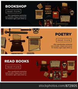 Bookshop or bookstore web banners of vintage books and poetry stationery and library novels or fiction. Vector design of rarity typewriter and writing quill pen or inkwell and story sword. Bookshop or bookstore banners of vector library vintage books, ink quill and poetry stationery