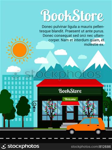 Bookstore advertising banner with shop building and landscape, vector illustration. Bookstore advertising banner