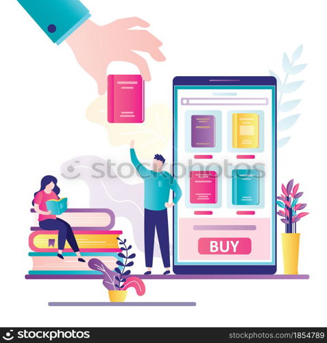 Bookstore application on smartphone screen. Man client purchase book online. Big hand give book to male customer. Technology of internet shopping. Woman read magazine. Flat vector illustration. Bookstore application on smartphone screen. Man client purchase book online. Big hand give book to male customer.