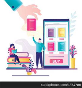 Bookstore application on smartphone screen. Man client purchase book online. Big hand give book to male customer. Technology of internet shopping. Woman read magazine. Flat vector illustration. Bookstore application on smartphone screen. Man client purchase book online. Big hand give book to male customer.
