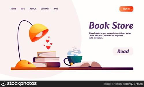 Bookstore landing page. Website template with books and magazines, cartoon book market, reading books concept. Vector webpage mockup. Literature, academic textbooks shop, desk for studying. Bookstore landing page. Website template with books and magazines, cartoon book market, reading books concept. Vector webpage mockup