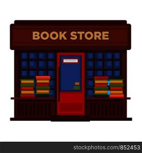 Bookstore or bookshop booth vector isolated building facade icon. Book sore or shop flat design street view with shop-window, door and signage. Bookstore or bookshop booth facade building vector flat design isolated icon