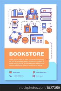 Bookstore poster template layout. Buying books online. Ebook purchase. Banner, booklet, leaflet print design with linear icons. Vector brochure page layouts for magazines, advertising flyers