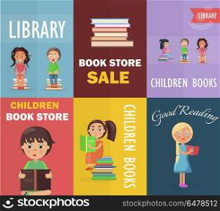 Bookstore Sale and Children Library with Readers. Bookstore sale and children library with small readers holding color textbooks vector illustration concept of six posters.