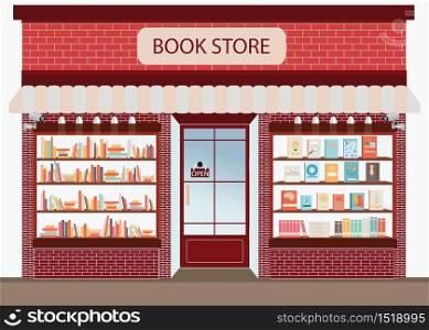 Bookstore with bookshelves, exterior building vector illustration.