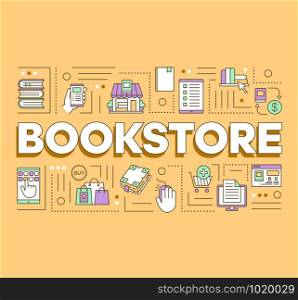 Bookstore word concepts banner. Buying books online. Presentation, website. Purchasing in internet bookshop. Isolated lettering typography idea with linear icons on yellow. Vector outline illustration
