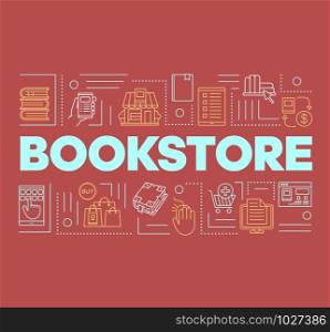 Bookstore word concepts banner. Buying books online. Presentation, website. Purchasing in internet bookshops. Isolated lettering typography idea with linear icons on red. Vector outline illustration