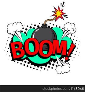 Boom cartoon patch, pop art style coloful icon with bomb, vector illustration. Boom cartoon patch
