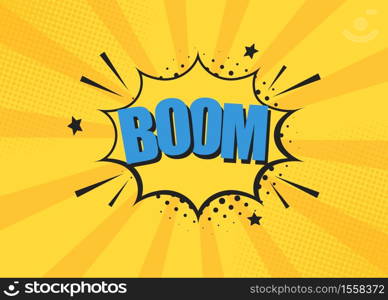 Boom comic cartoon in yellow colors with cloud, halftone effects and rays. Comics book balloon. Color pop art style sound effect. Explosion template.. Boom comic cartoon in yellow colors with cloud, halftone effects and rays. Comics book balloon.
