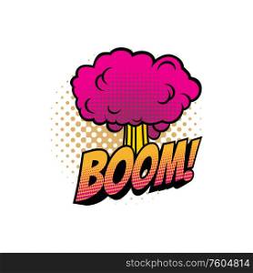 Boom comic sound blast, bubble chat cartoon icon. Vector Boom explosion cloud, superhero comic book sound blast, halftone art. Boom cloud, cartoon comic book sound blast