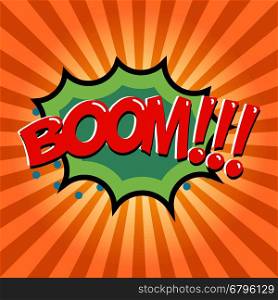 Boom! Comic style phrase on background with explosion. Design element for poster, t-shirt. Vector illustration.