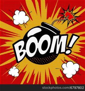 Boom! Comic style phrase on colorful background. Cartoon bomb explosion. Vector illustration.