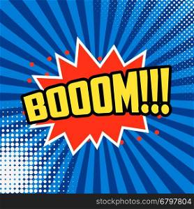 Boom!!! Comic style phrase on sunburst background. Design element for flyer, poster. Vector illustration.