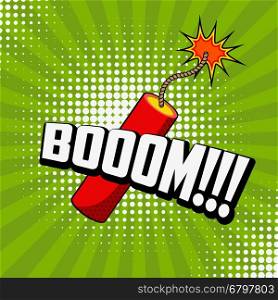 Boom!!! Comic style phrase on sunburst background with dynamite stick. Design element for flyer, poster. Vector illustration.