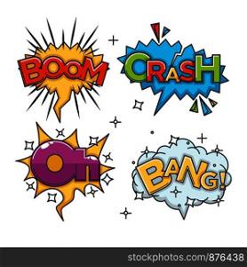 Boom, crash, bang and oh bubble sound blast clouds for cartoon or comic book with vector color explosions and puffs. Boom, crash, bang and oh vector sound blast clouds