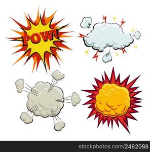 Boom, explosion and pow set. Burst and bang, blast and artwork sketch, fire and smoke bubble, vector illustration. Boom, explosion and pow set