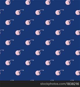 Boom seamless pattern with pink little bomb silhouettes. Blue bright background. Cartoon weapon ornament. Perfect for fabric design, textile print, wrapping, cover. Vector illustration.. Boom seamless pattern with pink little bomb silhouettes. Blue bright background. Cartoon weapon ornament.