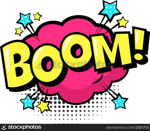 Boom sound comics style dotted bubble isolated. Vector boom sound bubble, cartoon speech cloud, comic design illustration. Boom sound comics style dotted bubble isolated