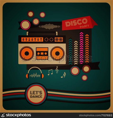 boombox disco party, retro and vintage poster