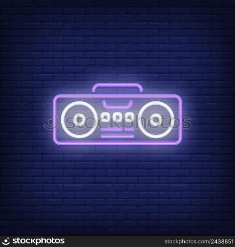 Boombox neon sign. Luminous signboard with tape recorder. Night bright advertisement. Vector illustration in neon style for music, urban culture