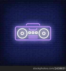 Boombox neon sign. Luminous signboard with tape recorder. Night bright advertisement. Vector illustration in neon style for music, urban culture