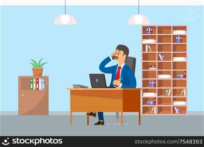 Boos working in office and talking on mobile phone vector. Director of company sitting by table discussing issues with business partners, man at job. Boos Working in Office Talking on Mobile Phone