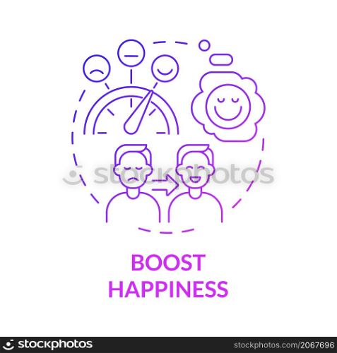 Boost happiness purple gradient concept icon. Find causes for joy. Wellness lifestyle abstract idea thin line illustration. Isolated outline drawing. Roboto-Medium, Myriad Pro-Bold fonts used. Boost happiness purple gradient concept icon