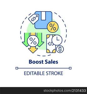 Boost sales concept icon. Dynamic pricing advantage abstract idea thin line illustration. Increase brand promotion. Isolated outline drawing. Editable stroke. Roboto-Medium, Myriad Pro-Bold fonts used. Boost sales concept icon