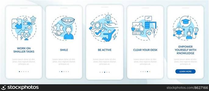 Boost self confidence at work blue onboarding mobile app screen. Walkthrough 5 steps editable graphic instructions with linear concepts. UI, UX, GUI template. Myriad Pro-Bold, Regular fonts used. Boost self confidence at work blue onboarding mobile app screen