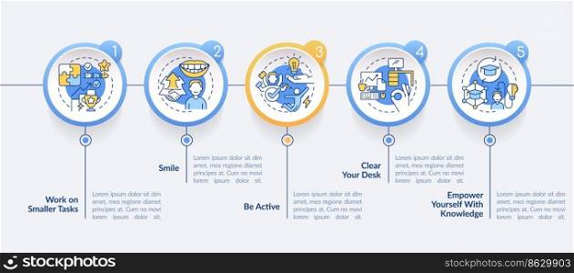 Boost self confidence at work circle infographic template. Data visualization with 5 steps. Editable timeline info chart. Workflow layout with line icons. Lato-Bold, Regular fonts used. Boost self confidence at work circle infographic template