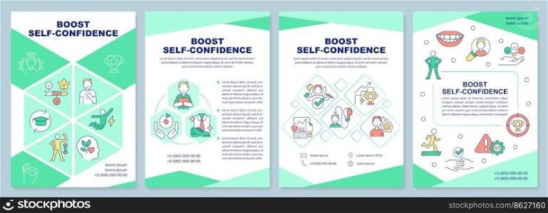 Boost self confidence green brochure template. Leaflet design with linear icons. Editable 4 vector layouts for presentation, annual reports. Arial-Black, Myriad Pro-Regular fonts used. Boost self confidence green brochure template