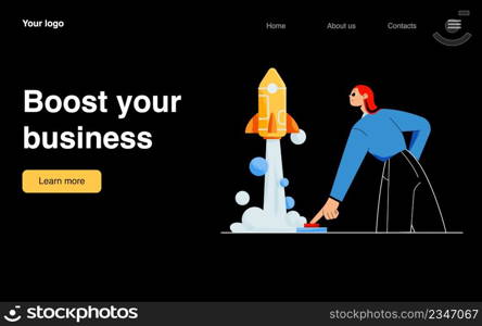 Boost your business landing page. Startup success, launch project concept with woman push on start button and rocket fly up. Progress, innovation and development, Line art flat vector fweb banner.. Boost your business landing page, startup success,