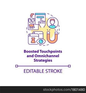 Boosted touchpoints and omnichannel strategies concept icon. Multichannel offer and adds abstract idea thin line illustration. Vector isolated outline color drawing. Editable stroke. Boosted touchpoints and omnichannel strategies concept icon