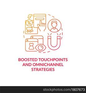 Boosted touchpoints and omnichannel strategies red gradient concept icon. Multichannel offers and advertisments abstract idea thin line illustration. Vector isolated outline color drawing.. Boosted touchpoints and omnichannel strategies red gradient concept icon