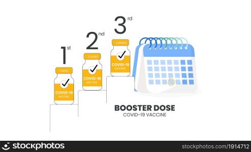 Booster injection to increase immunity or COVID-19 vaccine booster dose concept. Third booster shots vaccine after primer dose. Illustrator vector of Vaccine bottle, calendar and 1st, 2nd and 3rd text